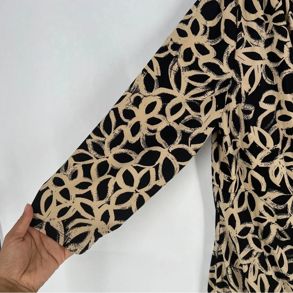 Ralph Lauren Black Tan Floral Stretch Jersey Knit 3/4 Sleeve Faux Wrap Dress 14W